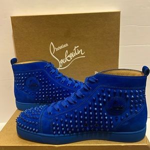 New Christian Louboutin Louis Flat Spikes Suede Blue Sneakers Sz 46/13US